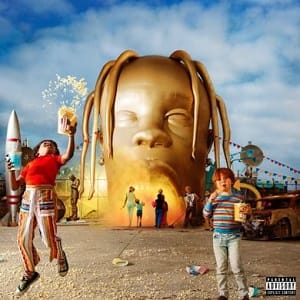 Album cover art featuring a scene inside a theme park with kids in the foreground and a giant inflatable of Travis Scott's head in the background
