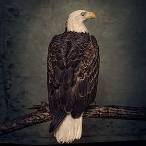 Album cover art with a bald eagle sitting on a branch, looking over it's shoulder at the viewer against a background of dark Victorian wallpaper